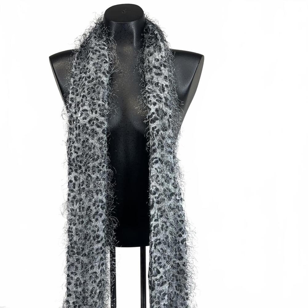 Gray Leopard Print Eyelash Knit Scarf Fuzzy Shaggy Animal Print Fringe‎ 62 Inch
